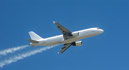 Fototapeta premium Corner View of White Passenger Aircraft Two Engine from Low Angle in Clear Sky