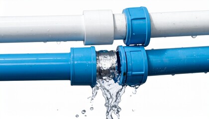 Two pipes—white above, blue below—leak at the joint, water escaping in quiet urgency. A metaphor for structural vulnerability and the choreography of unnoticed loss.