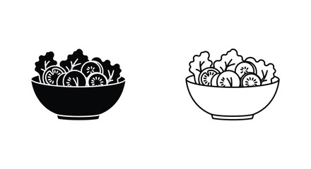 Two black and white illustrations of salad in round bowls presented