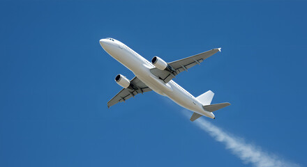 Obraz premium White Passenger Jet Plane Two Engine Corner View Low Angle with Blue Sky Background