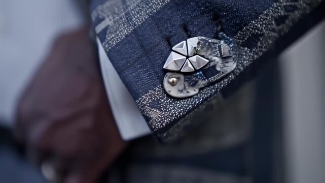 Close-up of a man's sleeve with a decorative cufflink