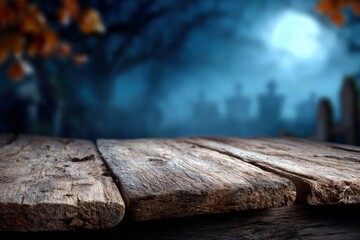 Fototapeta premium Empty wooden table providing a spooky Halloween cemetery background with a full moon and autumn leaves, creating a creepy atmosphere