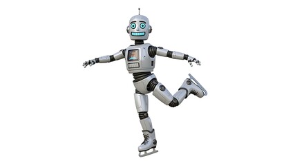 A playful robot gracefully ice skating. Its mechanical structure is depicted with intricate detail, portraying a blend of technology and artistic design