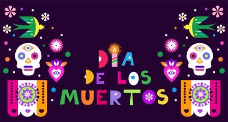 Dia de Los Muertos, Day of the Dead or Halloween background Sugar skulls, candle,  guitar, sombrero, marigold flowers, Сalavera la Catrina skeleton Vector illustration