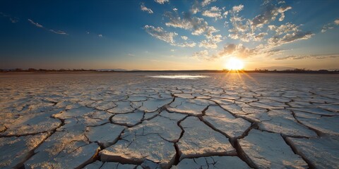 Dramatic Sunrise Over Cracked Earth in a Vast Desert Landscape