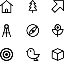 Minimalist geometric icons set featuring house tree arrow compass flower bird cube and more