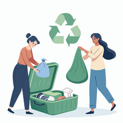 Vector art of two women are sorting the trash into a recycle bin, promoting environmental awareness and sustainable lifestyle