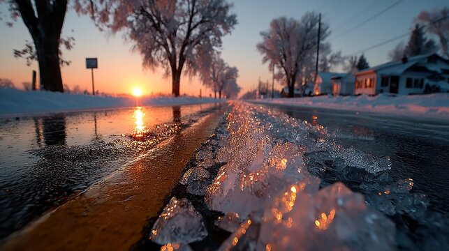 Icy road surface glistening under low winter sun - Powered by Adobe