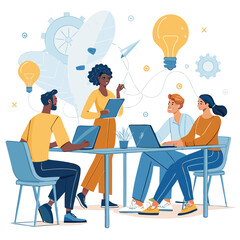 Vector art of a diverse team is collaborating on a project, brainstorming ideas, and developing innovative solutions in a modern office environment