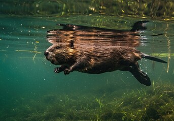 Cute and fat beaver swimming under water