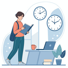 Vector art of a student reads a book near a desk with a laptop and coffee, with clocks indicating time management and focus on studies