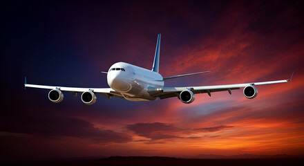 White Passenger Jet Airplane Nose View Against Dark Red Sky