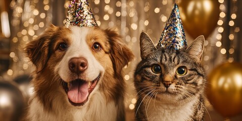 Joyful Furry Celebration: Dog and Cat Don Party Hats Amidst Sparkling Lights