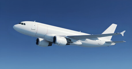 Fototapeta premium White Cargo Airplane with Two Engines Airbus Side View Flying Over Clear Blue Sky