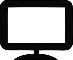 Simple black silhouette of a computer monitor displaying a blank white screen on a stand ready for content