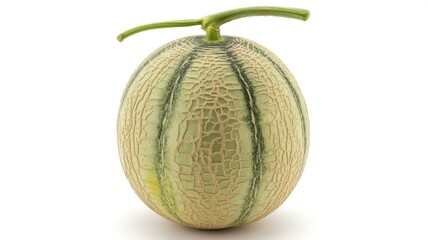 Cantaloupe melon with stem isolated on white background, closeup studio shot