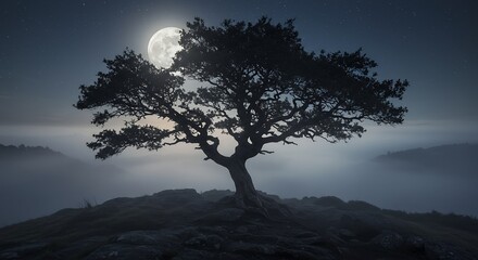 Fototapeta premium A tree stands on a hill under a full moon with mist in the valley below