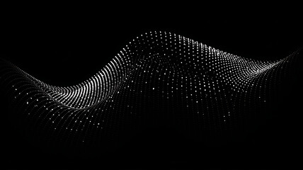 Abstract flowing wave of white digital dots and particles on a dark black background