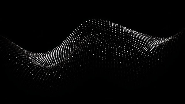 Abstract flowing wave of white digital dots and particles on a dark black background
