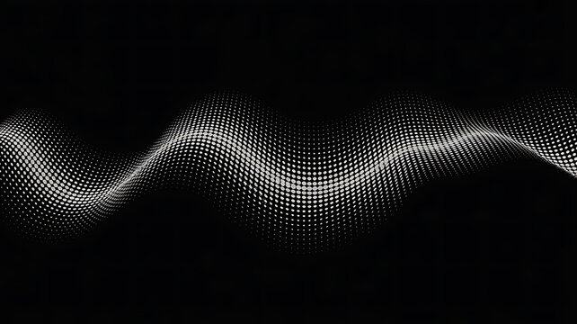 Abstract flowing wave pattern composed of tiny white dots against a stark black background creating a dynamic visual effect