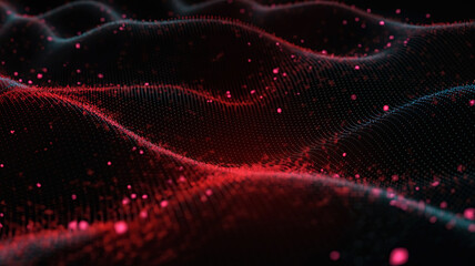 Abstract flowing red and black digital waves with glowing particles in a dark cosmic background