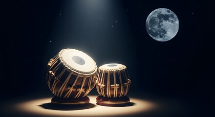 A pair of indian tabla drums illuminated by a spotlight against a dark, starry night sky with a full moon