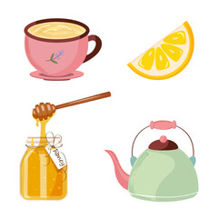 Colorful set green tea set, lemon wedge, pink mug, jar of honey. Hand drawn.