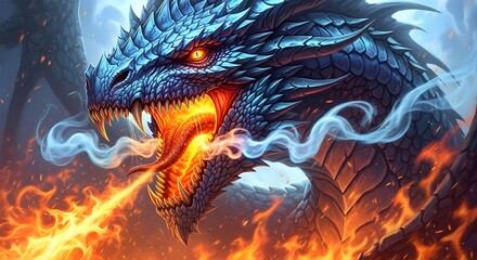 Fierce blue dragon breathing fire with glowing eyes and smoke