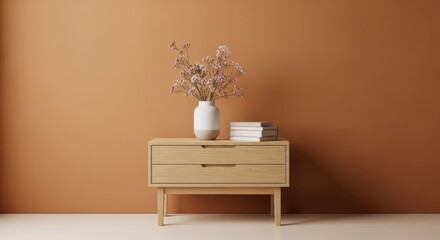 Minimalist interior with wooden nightstand, vase with flowers, and books against a brown wall, simple and elegant home decor