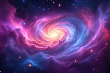 A vibrant, swirling galaxy of ethereal, pink, and blue hues, showcasing a mesmerizing spiral nebula against a backdrop of distant stars.