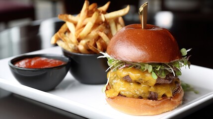 Juicy Beef Burger Topped with Melted Cheese, Grilled to a Golden Crisp—Every Bite Bursts with Rich, Savory Flavors, Boasting a Perfectly Seared Patty, Creamy Melted Cheese That Oozes With Each Bite