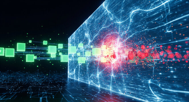Dynamic digital data stream with glowing cubes and abstract energy flow