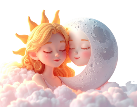 Sleepy Moon and Sun Character Sharing Clouds