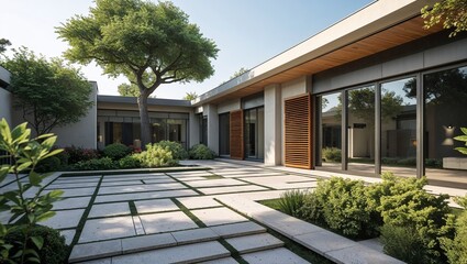a modern architectural style exterior of a residential building. The layout features a spacious courtyard with a combination of stone and tile pathways, surrounded by lush greenery including various s