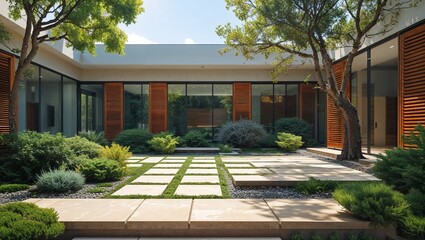 a modern architectural style exterior of a residential building. The layout features a spacious courtyard with a combination of stone and tile pathways, surrounded by lush greenery including various s