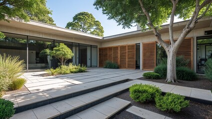 a modern architectural style exterior of a residential building. The layout features a spacious courtyard with a combination of stone and tile pathways, surrounded by lush greenery including various s