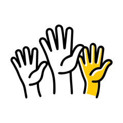 Obraz premium A minimalist line-art icon of three hands raised, with one highlighted in yellow. Excellent for websites or blogs about voting, volunteering, community, teamwork, questions, participation