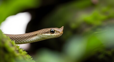 A closeup profile of a small, brown snake with a distinctive hornlike scale above its eye, nestled among lush green foliage