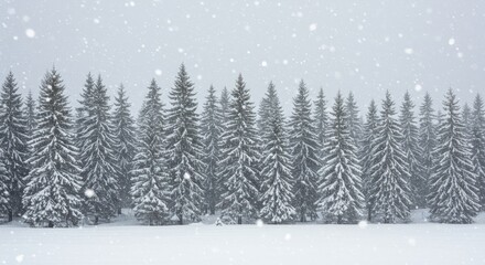 Obraz premium Winter Snowfall in Evergreen Forest with Dense Pine Trees Covered in White Snowflakes and Dreamy Foggy Background