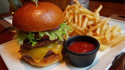 Juicy Beef Burger Topped with Melted Cheese, Grilled to a Golden Crisp—Every Bite Bursts with Rich, Savory Flavors, Boasting a Perfectly Seared Patty, Creamy Melted Cheese That Oozes With Each Bite