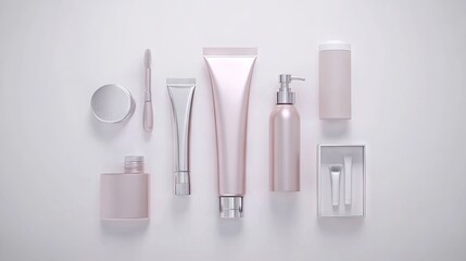 A flat lay showcasing a minimalist collection of blush-toned skincare and cosmetic products on a bright white background.  Items include tubes, jars, bottles, and applicators, 