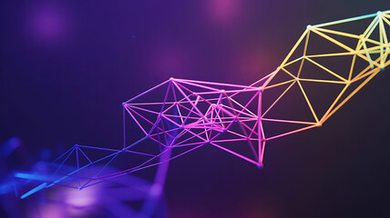 Abstract glowing geometric network structure with vibrant purple and blue neon lights on a dark background