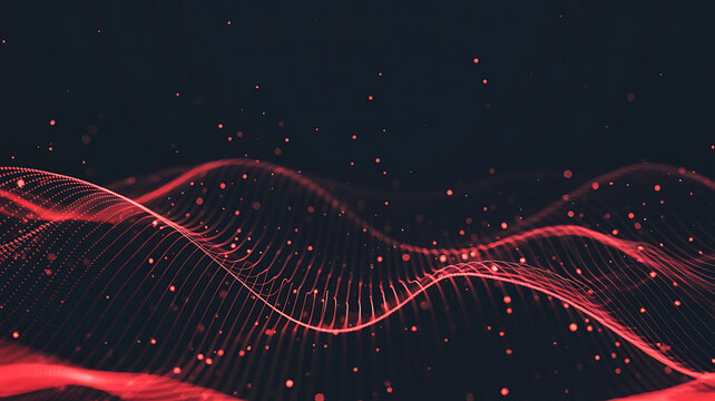 Abstract glowing red wave patterns with floating particles against a dark background creating a futuristic digital science concept - Powered by Adobe