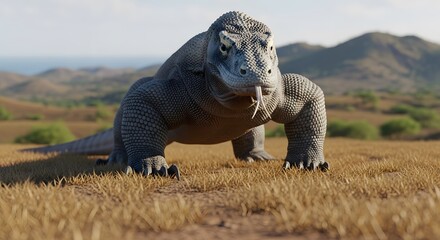 A large komodo dragon lizard walks across a dry, grassy landscape with hills and ocean in the background
