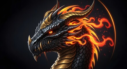 Closeup portrait of a fearsome dragon head with fiery mane and glowing eyes, detailed scales and horns, dark background, fantasy creature