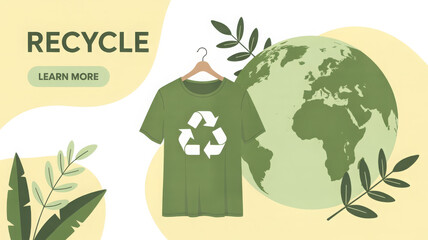 Sustainable fashion concept featuring a green tshirt with recycle symbol and earth globe background textile