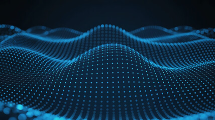 Abstract glowing blue digital wave pattern representing data flow and complex network connections in a futuristic landscape