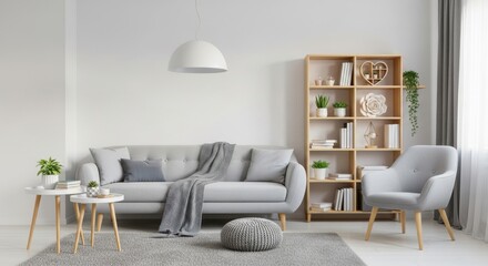 Modern living room interior with sofa, armchair, coffee table, bookshelf, lamp and carpet in white tone, minimalist style