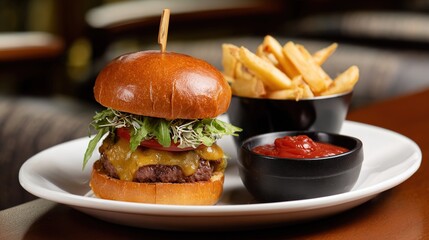 Juicy Beef Burger Topped with Melted Cheese, Grilled to a Golden Crisp—Every Bite Bursts with Rich, Savory Flavors, Boasting a Perfectly Seared Patty, Creamy Melted Cheese That Oozes With Each Bite