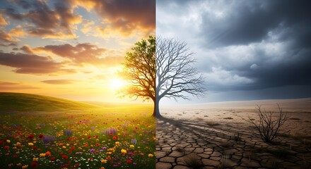 A single tree stands divided, one side lush with vibrant flowers under a golden sunset, the other barren and cracked earth under a stormy sky